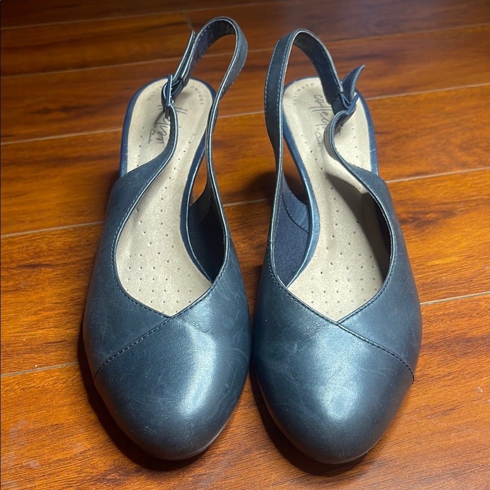 Clarks Dancer Mix Pump Women's Blue Leather Slingback Heels Wood Grain Size 7.5